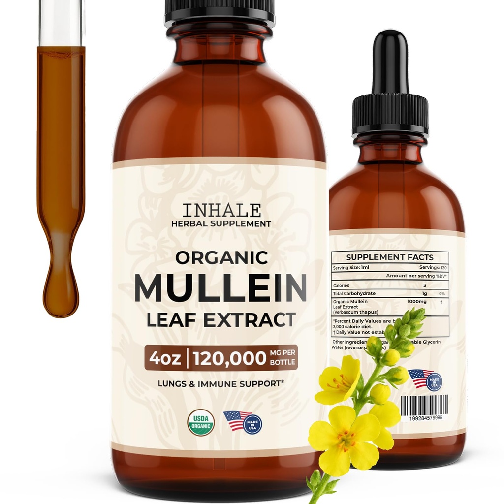 Inhale Mullein Drops – USDA Organic Mullein Leaf Extract for Lung & Bronchial Cleanse | Mucus Relief & Respiratory Support | for Smokers & Allergy Sufferers | Made in USA | 4oz Tincture