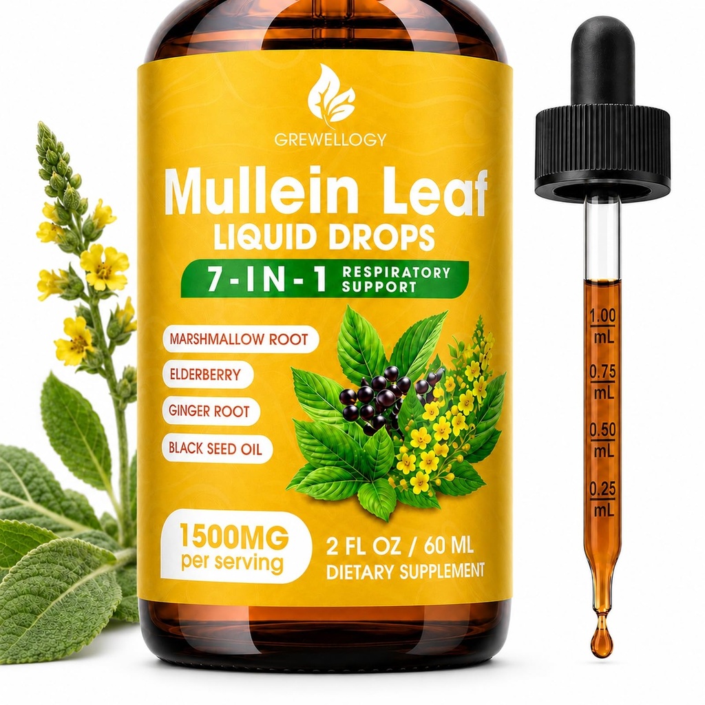 Mullein Drops for Lungs, 7-in-1 1500mg Mullein Leaf Liquid Extract for Lungs Cleanse and Respiratory Support, Lung Detox for Smokers Free Breathing, 2 Fl Oz