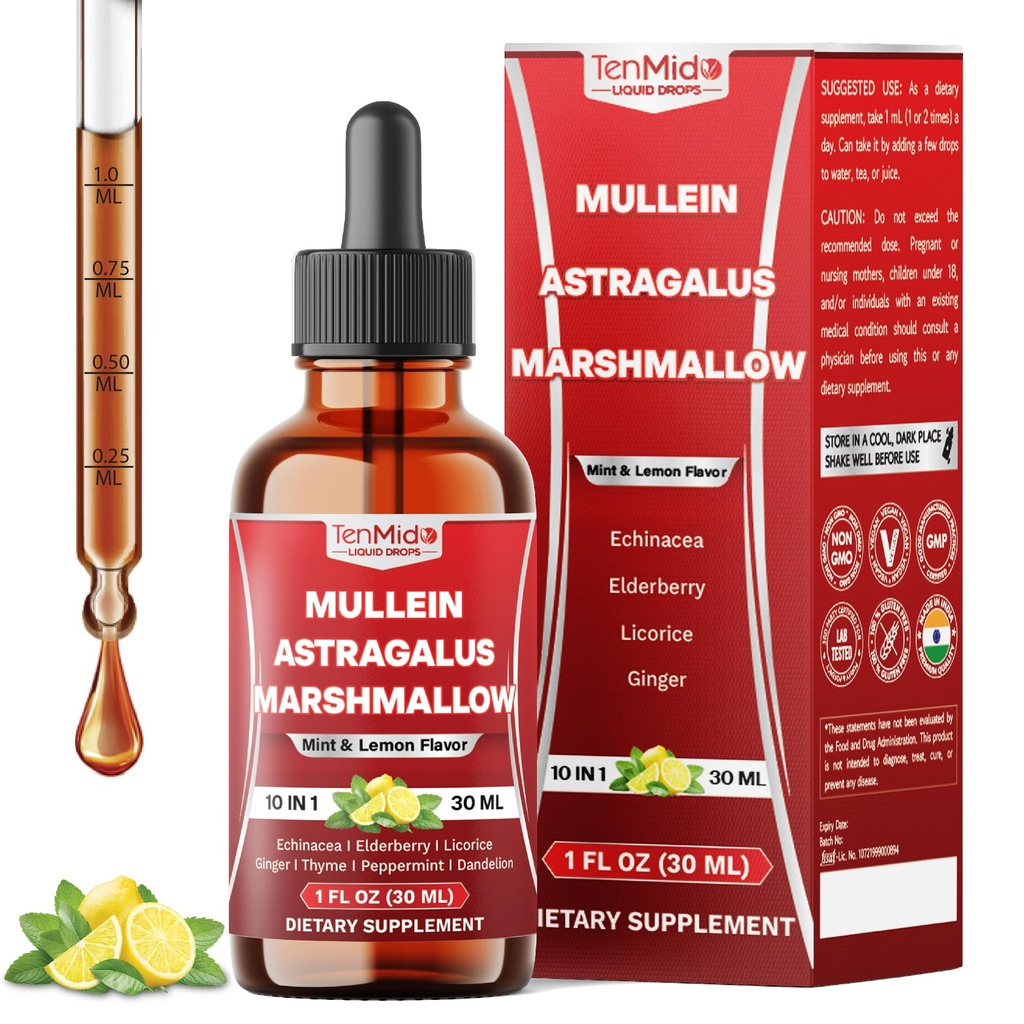 10in1 Mullein Tincture - Mullein Leaf Extract Drops with Astragalus, Marshmallow Root, Echinacea, Elderberry, Licorice, Ginger, Thyme Leaf, Peppermint and Dandelion - 30 Days Supply - 1FL Oz