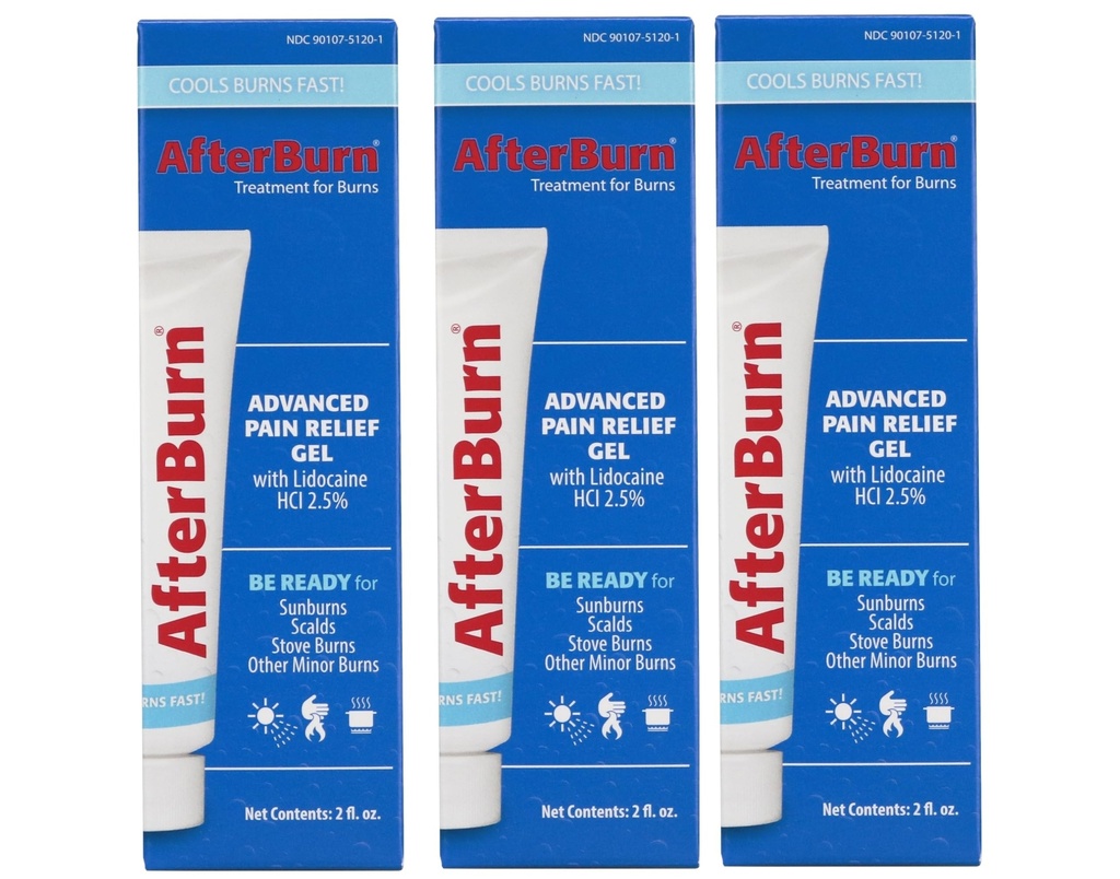 Afterburn Gel - Burn Relief with Lidocaine HCl & Aloe Vera - Cooling Gel for Sunburns, Kitchen Burns & Minor Skin Irritations - Travel Size First Aid Essential - 2 fl oz (3 Pack)