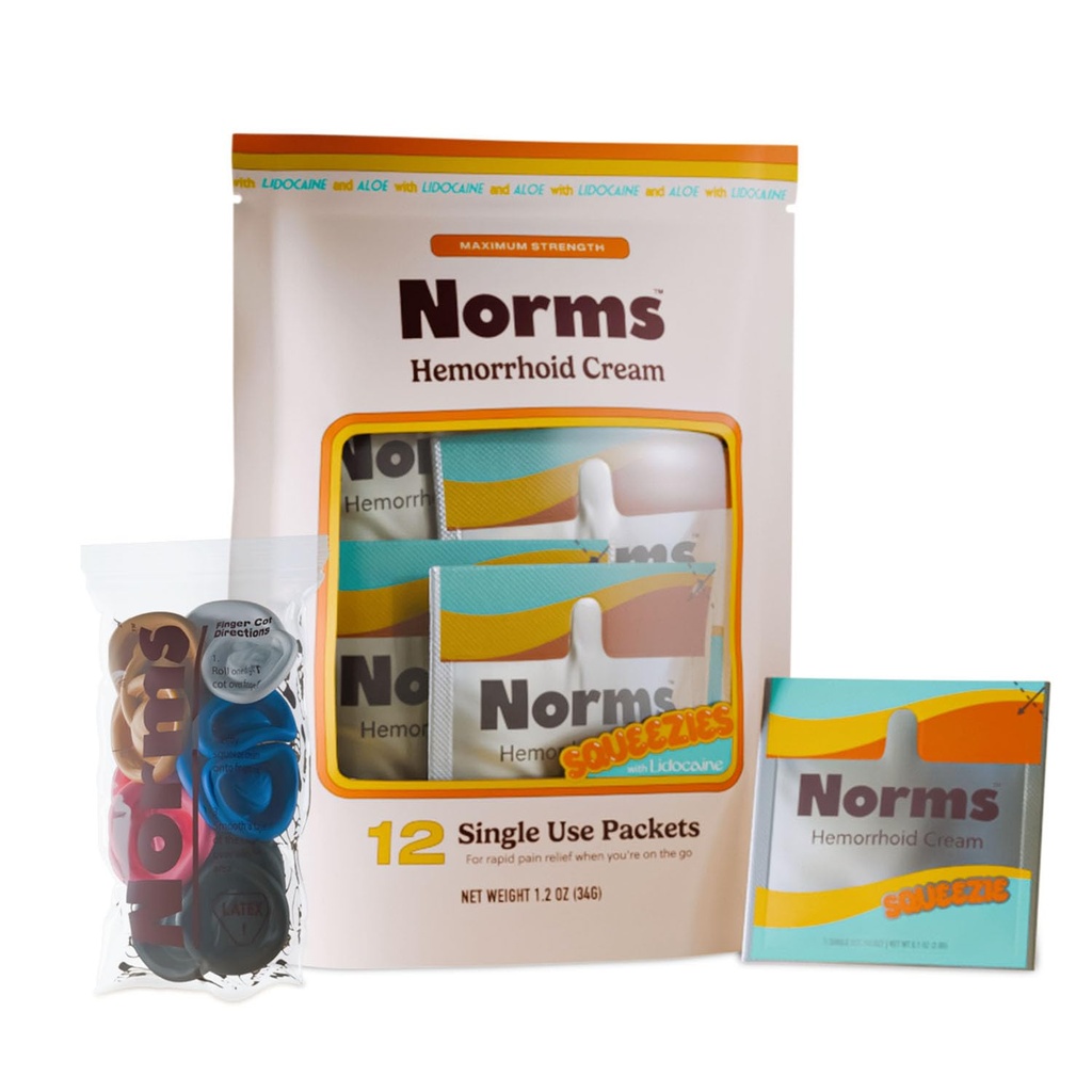 Norms Squeezies Lidocaine Hemorrhoid Cream, Discreet Single Use Travel Packets, 5% Lidocaine, Phenylephrine, Aloe and Glycerin – Numbing, Soothing & Swelling Relief On the Go, 12 Count