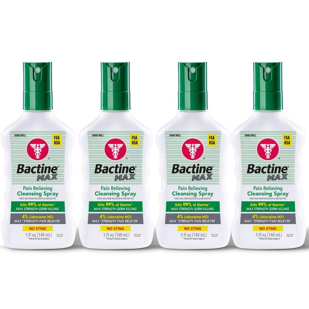 Bactine MAX First Aid Spray - Pain Relief Cleansing Spray with 4% Lidocaine - Numbing Lidocaine Kills 99% of Germs - Pain + Itch Relief for Minor Cuts & Scrapes, Burns & Bug Bites - 5oz, 4 Pack