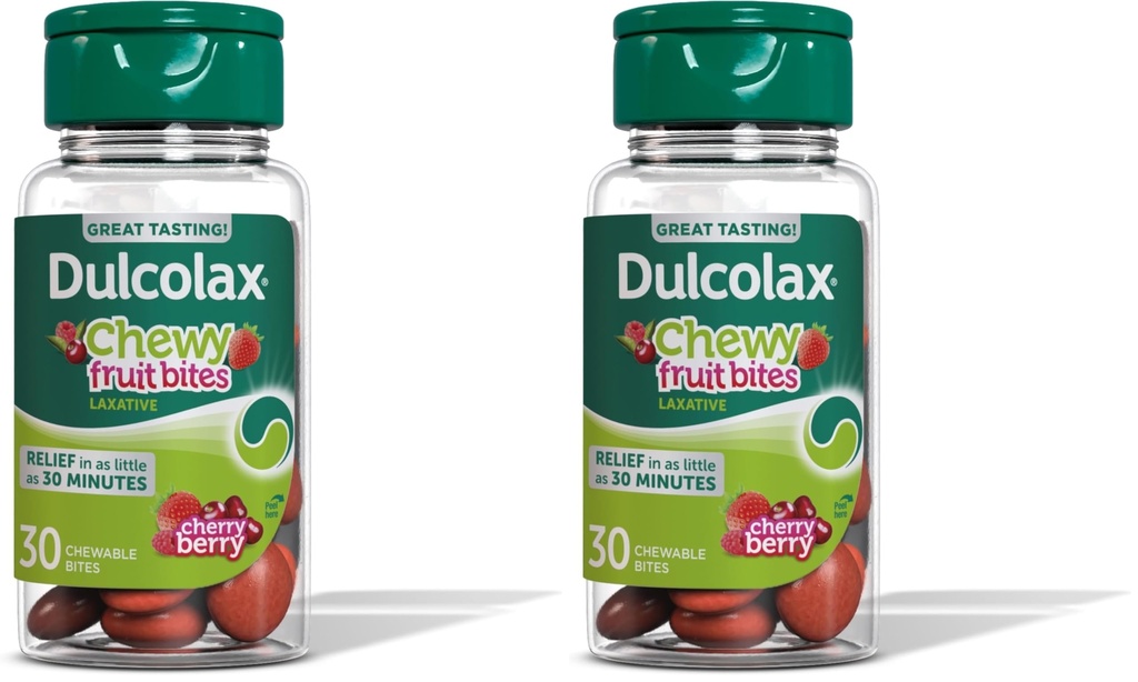 Dulcolax Saline Laxative Chewy Fruit Bites, Fast-Acting Laxative & Gentle Constipation Relief, Cherry Berry Flavor, Magnesium Hydroxide 600 mg, 30 Count (Pack of 2)