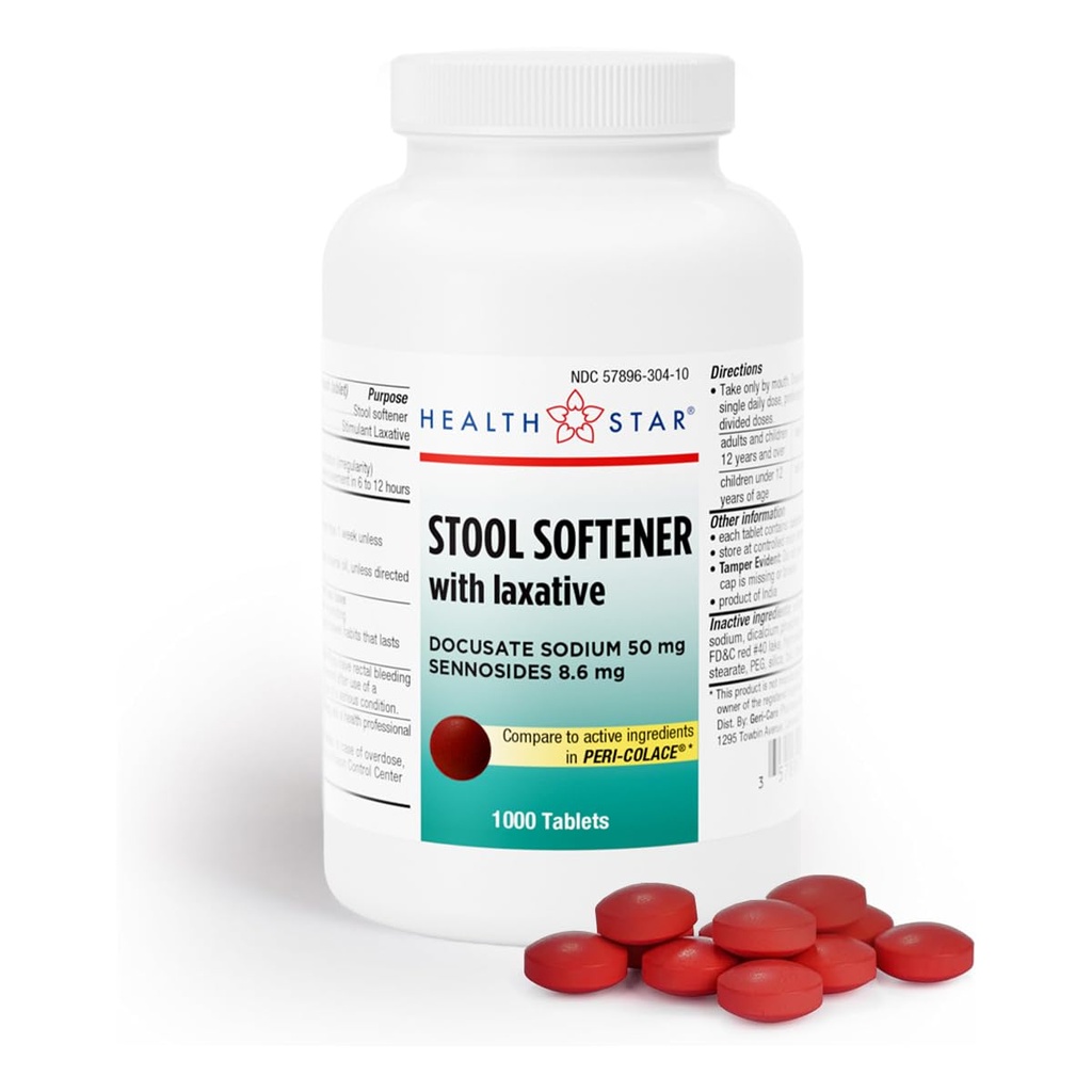 Health Star Docusate Sodium with Senna Tabs, 50mg / 8.6mg, Laxative Tablets (1,000 Tablets)