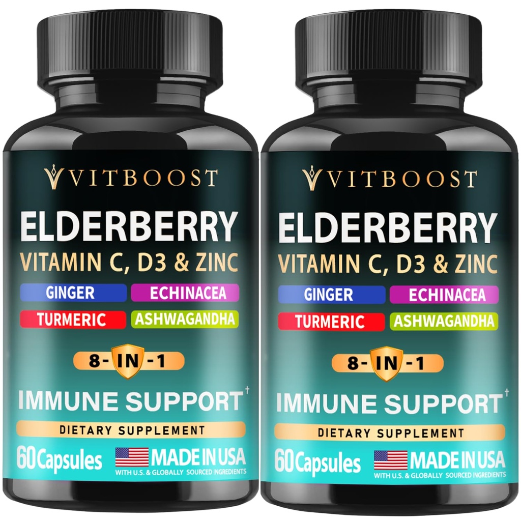2 Pack Elderberry Immune Support Supplement 8-in-1 Formula with Echinacea, Vitamin C & Zinc, Vitamin D 5000 IU, Turmeric, Ginger, Ashwagandha – 60 Capsules Each