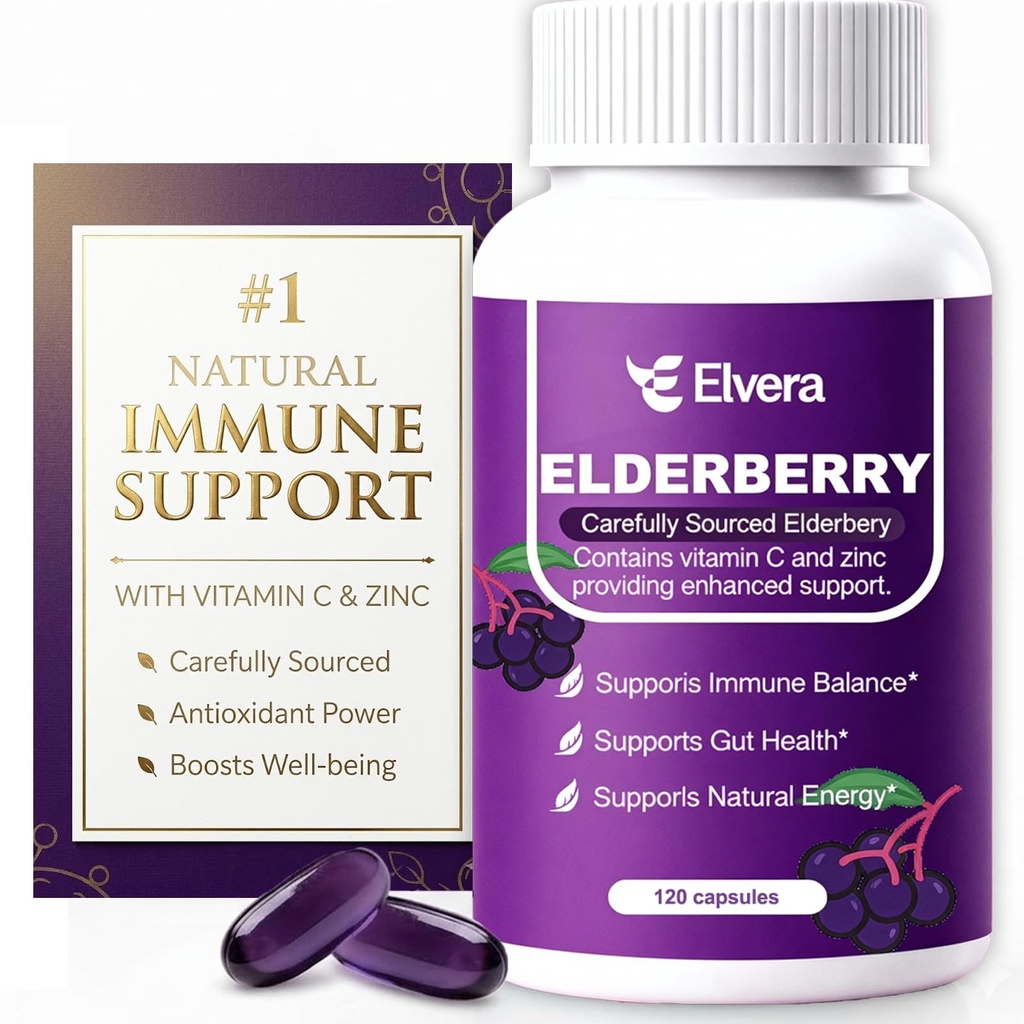 Elvera Elderberry Gut Support (120ct) – 3-in-1 Gut Support Complex with Zinc & Vitamin C | Daily Immune & Digestive Wellness Supplement | Vegan, Non-GMO（1pc）