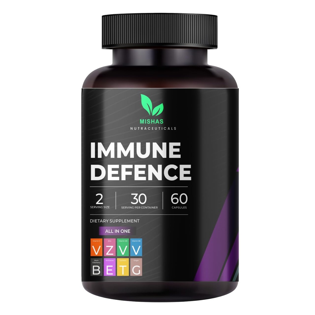 Mishas Nutraceuticals 8-in-1 Immune Support Supplement with Echinacea, Vitamin C, Zinc 50mg, Vitamin D 5000 IU, Turmeric Curcumin, Ginger, B6, and Elderberry – 60 Capsules