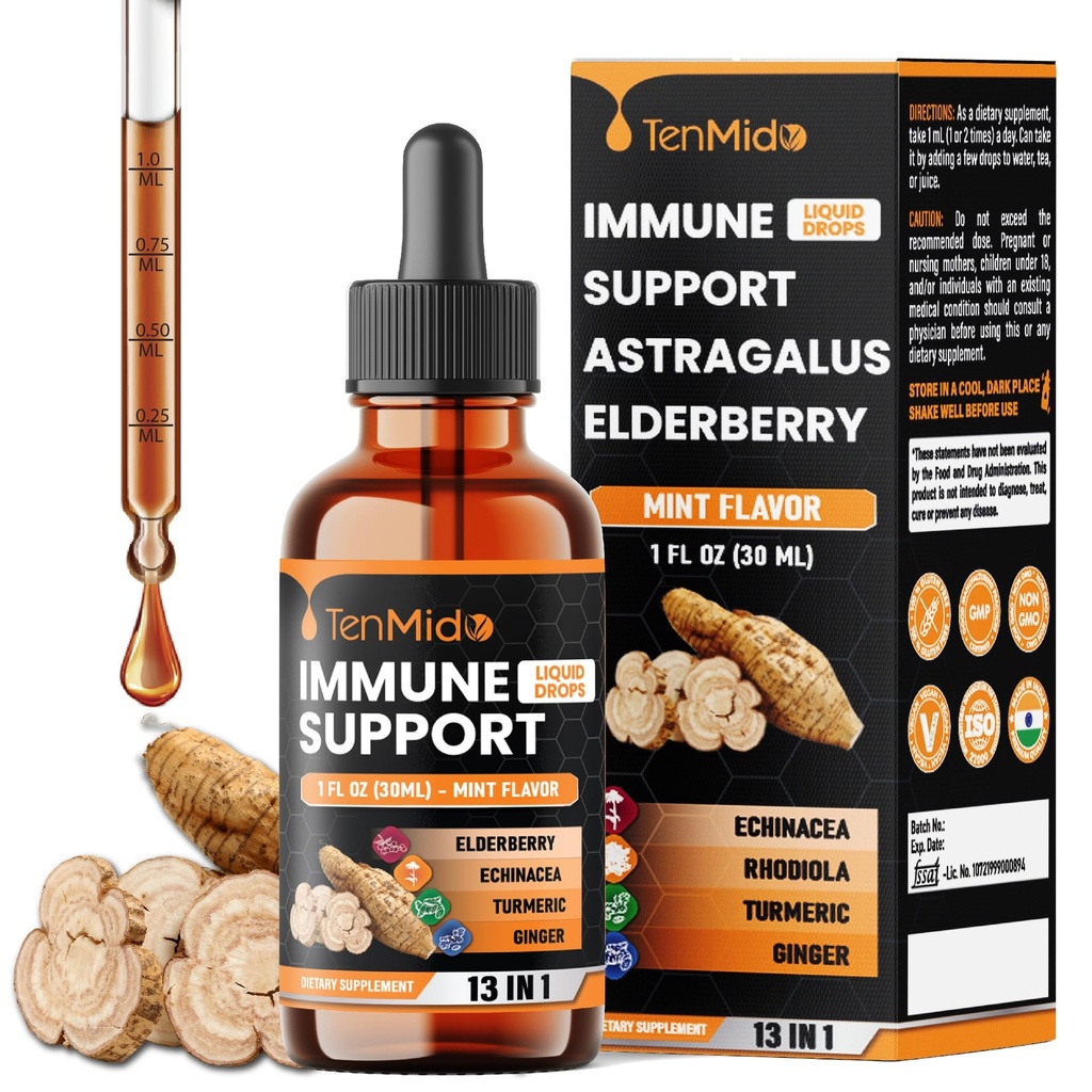 13-in-1 Immune Support Supplement Liquid Drops with Astragalus, Elderberry, Quercetin, Echinacea, Chlorophyll, Turmeric, Ginger, Rhodiola, Licorice, and More - 30ml 1 Fl Oz