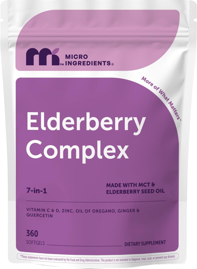 Micro Ingredients Elderberry Complex with Zinc & Vitamin C, 360 Softgels | 7-in-1 with D3, Oil of Oregano, Quercetin & Ginger | Made with MCT & Elderberry Seed Oil