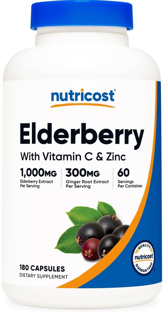 Nutricost Elderberry & Ginger Root Extract with Vitamin C, Zinc & Vitamin D 180 Capsules for 60 Servings Per Bottle - Vegetarian-Friendly Supplement, GMO-Free, Gluten-Free