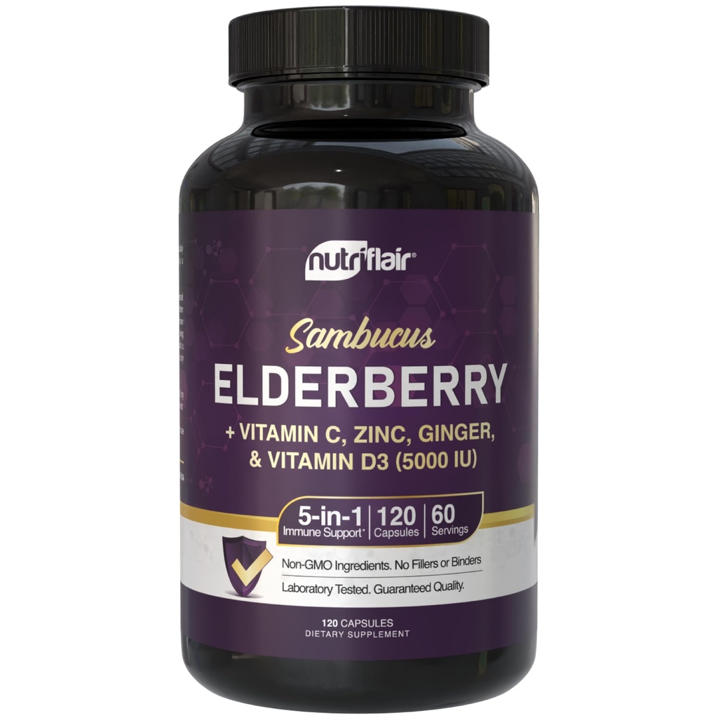 NutriFlair Sambucus Elderberry Capsules, 120 Capsules (2-Month Supply) - Elderberry Extract with Vitamin C, Vitamin D3, Zinc & Ginger - Daily Wellness Support