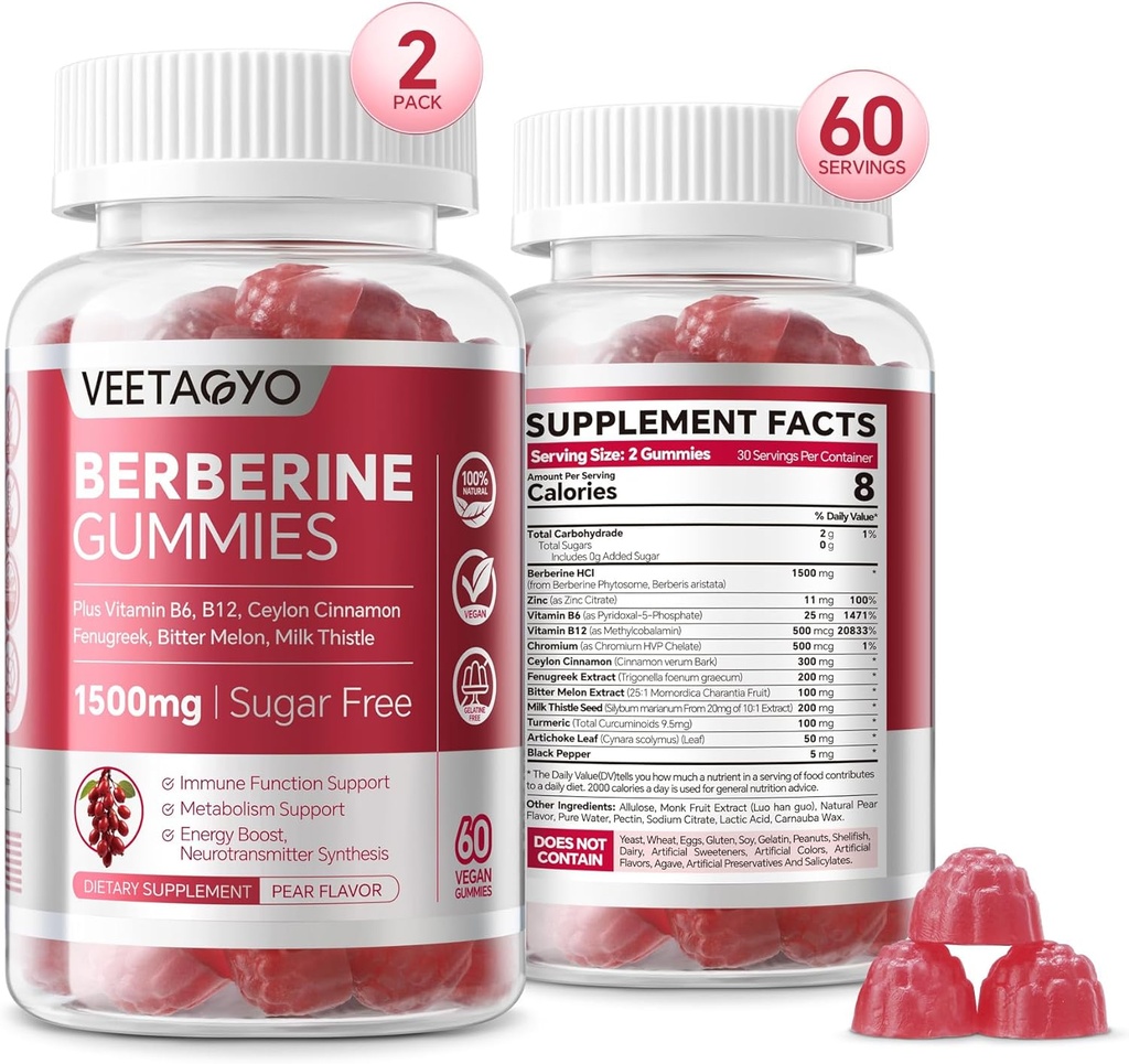 Berberine Supplement 1500mg,Sugar Free Berberine with Ceylon Cinnamon Gummies,Chromium,Turmeric, Fenugreek for Naturally Metabolism Balanced, Berberine HCl from Indian Barberry Extract, 120 Cts