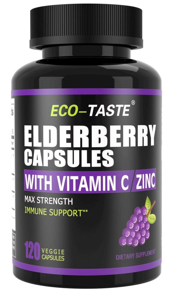 ECO-TASTE Elderberry Capsules with Zinc & Vitamin C - 120 Capsules, Sambucus Elderberries for Immune Support, Skin Health - Veggie Caps
