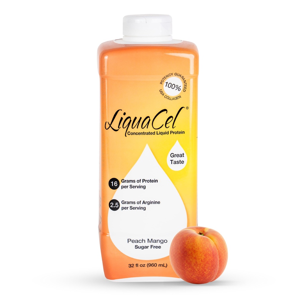LiquaCel Concentrated Liquid Protein, Peach Mango Flavor, Ready-to-Drink, 16g Hydrolyzed Collagen Protein and 2.5g Arginine Per 1oz Serving, Sugar & Gluten Free, 32 fl oz Bottle