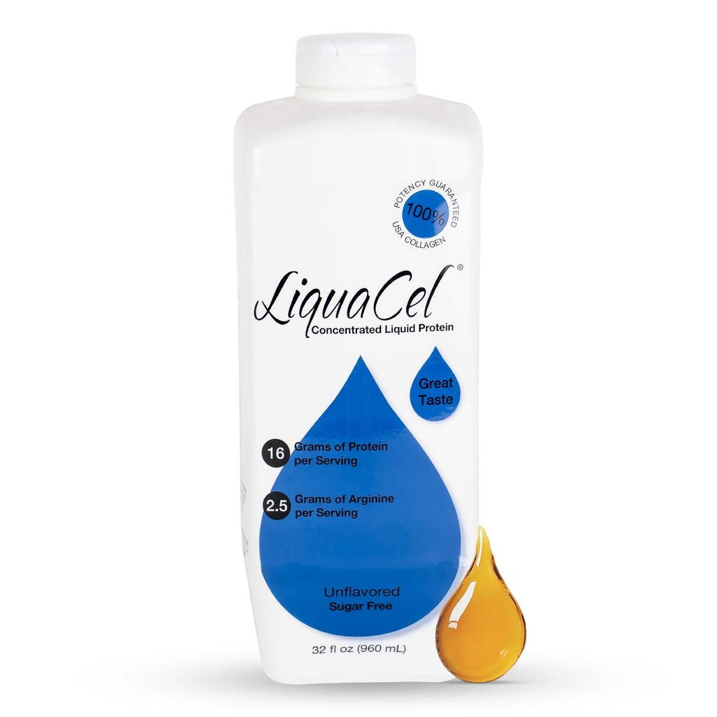 LiquaCel Concentrated Liquid Protein, Unflavored, Ready-to-Drink, 16g Hydrolyzed Collagen Protein and 2.5g Arginine Per 1oz Serving, Sugar & Gluten Free, 32 fl oz Bottle, Case of 6