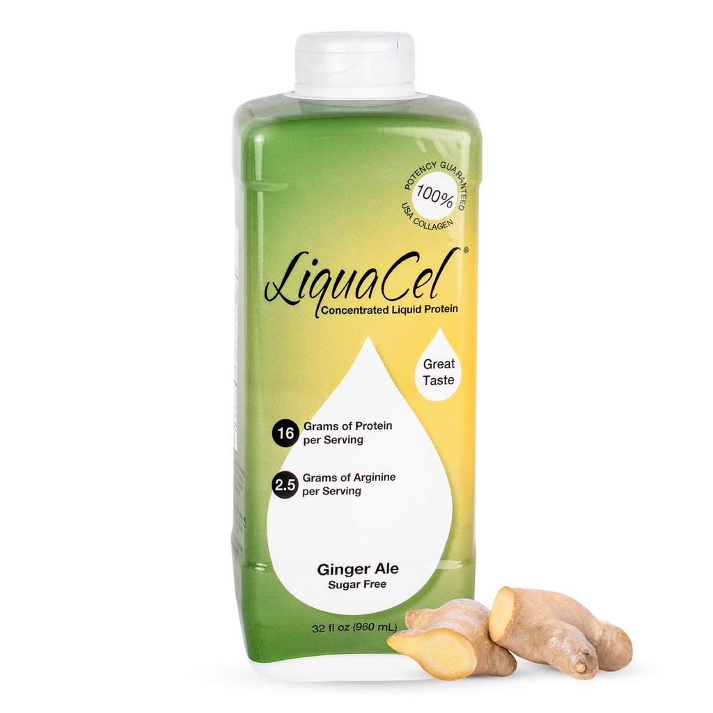 LiquaCel Concentrated Liquid Protein, Ginger-Ale Flavor, Ready-to-Drink, 16g Hydrolyzed Collagen Protein and 2.5g Arginine Per 1oz Serving, Sugar & Gluten Free, 32 fl oz Bottle