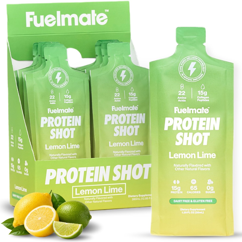 Lemon Lime Liquid Collagen Easy Protein Shots - 15g Protein + 22 Amino Acids - Hydrolyzed Bovine Collagen Peptides for Recovery, Skin, Hair & Joints - 10 x 1.29oz - Sugar, Dairy & Gluten Free