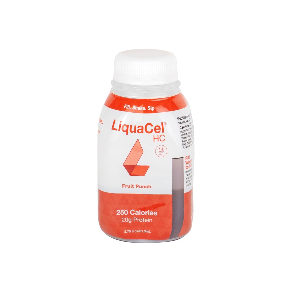 LiquaCel HC High-Calorie High-Protein Drink, Fruit Punch Flavor, 250 Calories & 20g Protein per Serving, Gluten Free, Kosher, Suitable for Lactose Intolerance, 2.75 fl oz Bottle, 30ct Case