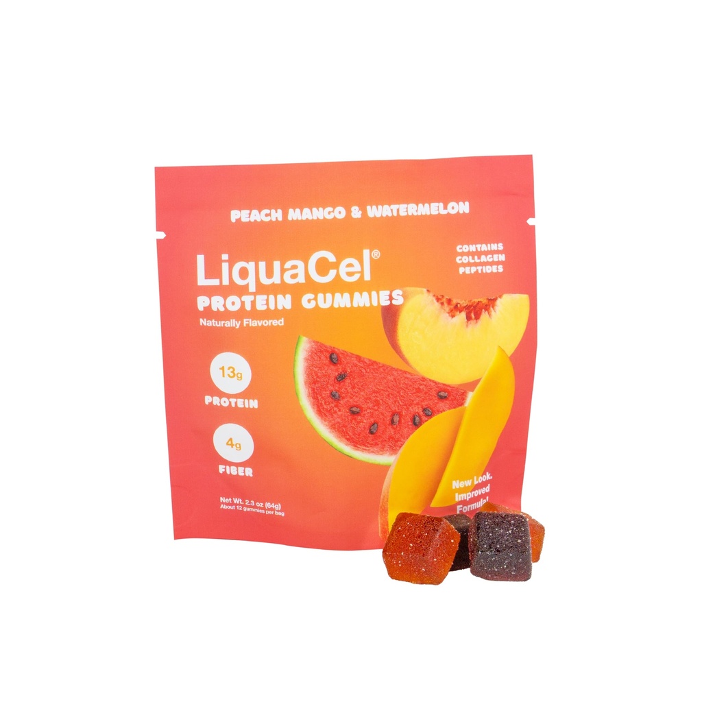 LiquaCel Protein Gummies, Watermelon & Peach Mango, 13g Protein & 4g Fiber, Naturally Flavored with Collagen Peptides, No Artificial Colors or Flavors, Phosphorus-Free, 64g Bag of 12 Gummies