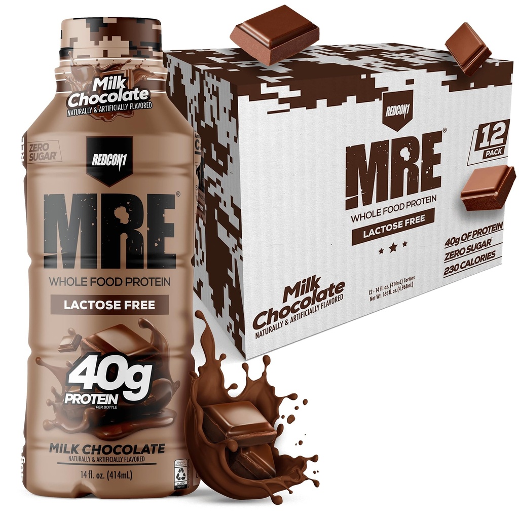 REDCON1 MRE Ready to Drink Protein Shake, Milk Chocolate - Lactose Free RTD 40gr Protein Made with Real Whole Food Protein Blends - Easy to Digest Nutritional Shake (12 Pack)