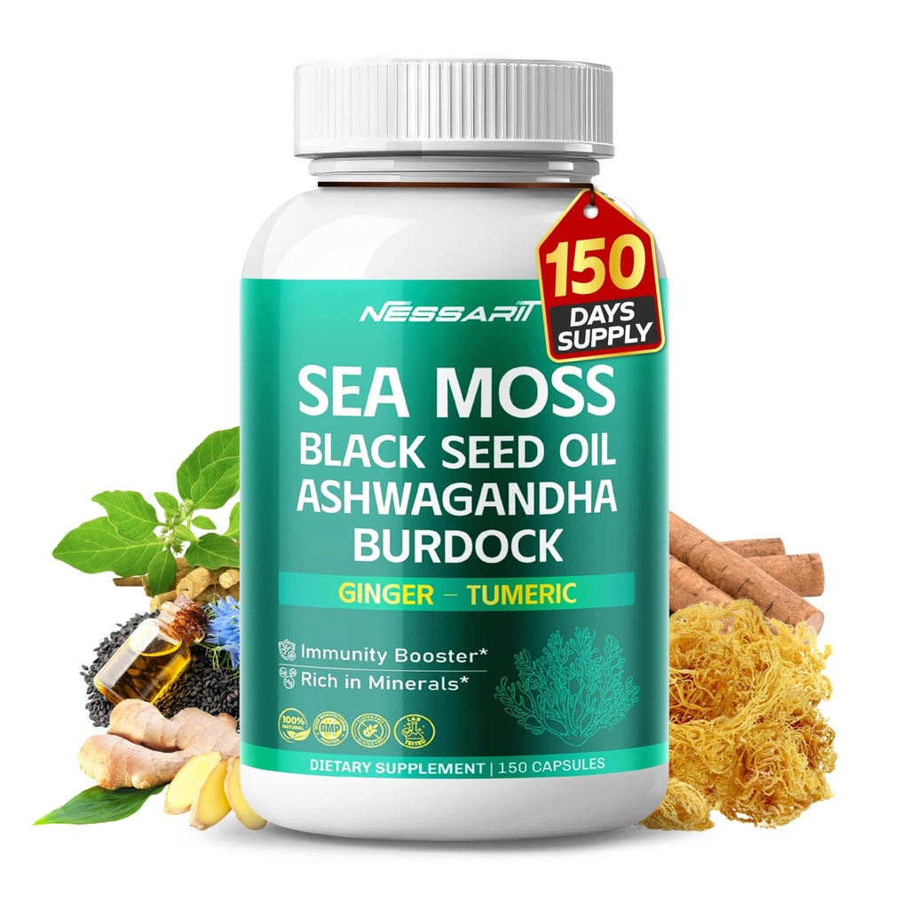 Sea Moss Συμπλήρωμα - 16-σε-1 Φυσικό μείγμα με μαύρο σπορέλαιο Ashwagandha Burdock Bladderwrack Ginger Dandelion - 150 Count - Made & Tested in The USA