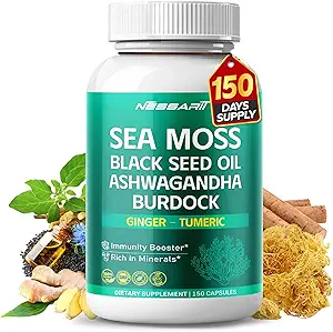 Sea Moss Συμπλήρωμα - 16-σε-1 Φυσικό μείγμα με μαύρο σπορέλαιο Ashwagandha Burdock Bladderwrack Ginger Dandelion - 150 Count - Made & Tested in The USA