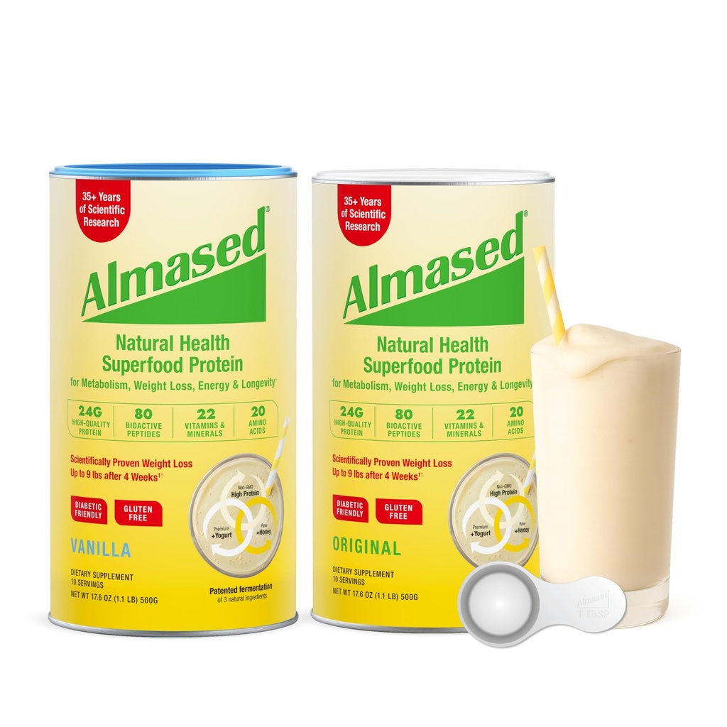 Almased | High Protein Shakes | Meal Replacement Shake | Meal Replacement Powder for Weight Loss with Shaker Bottle (Original and Vanilla, 2 Cans of 17.6 oz + Bottle + Scoop)