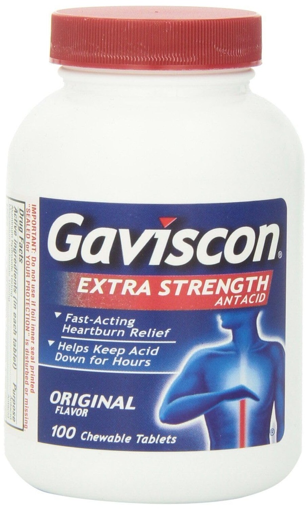 Gaviscon Extra Strength Chewable Antacid Tablets, Original Flavor, 100-Count Bottles (Pack of 3)