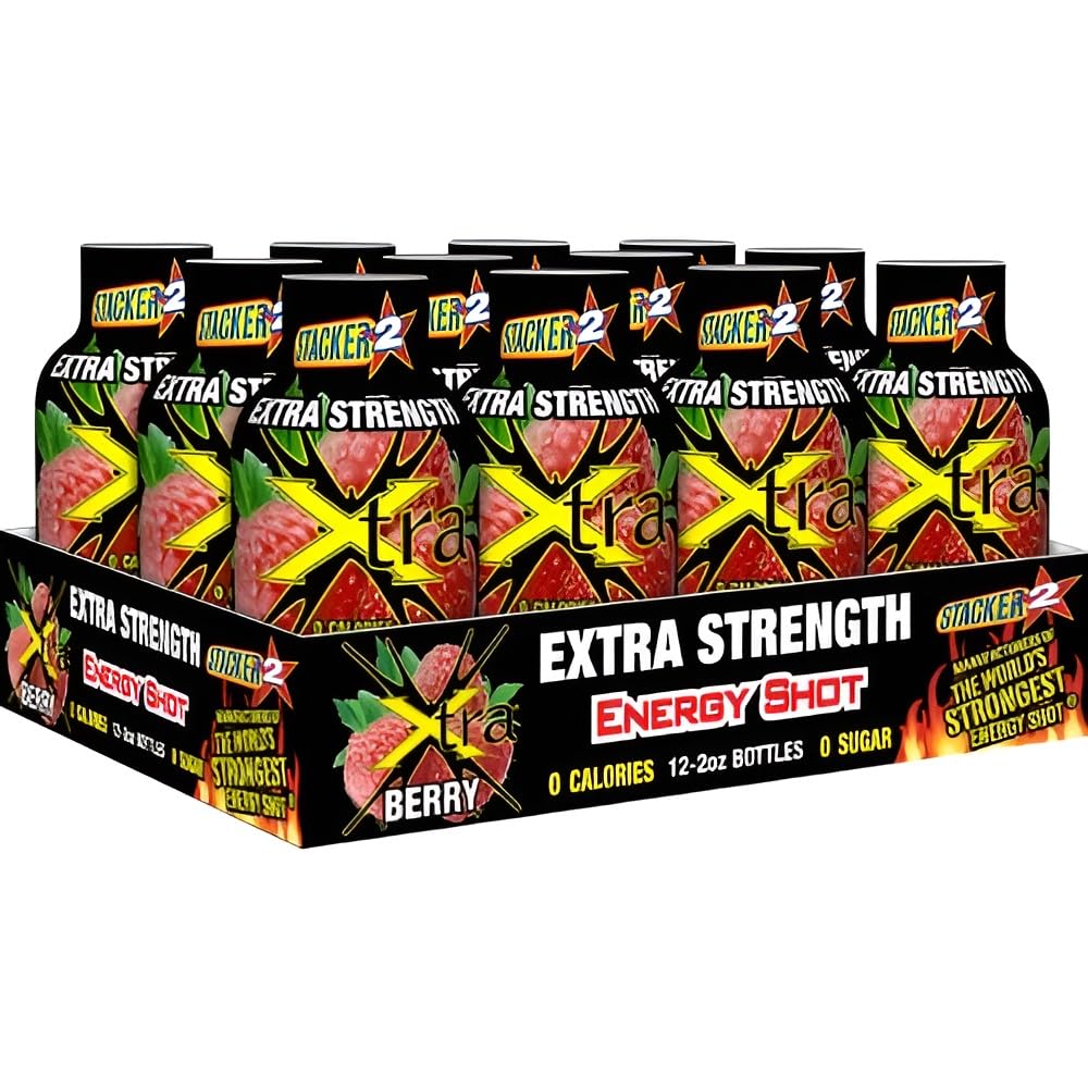 Stacker Xtra Extra Strength Energy Shot, Berry Flavor, 0 Calories, 0 Sugar, Liquid, 2 oz, 12 Pack