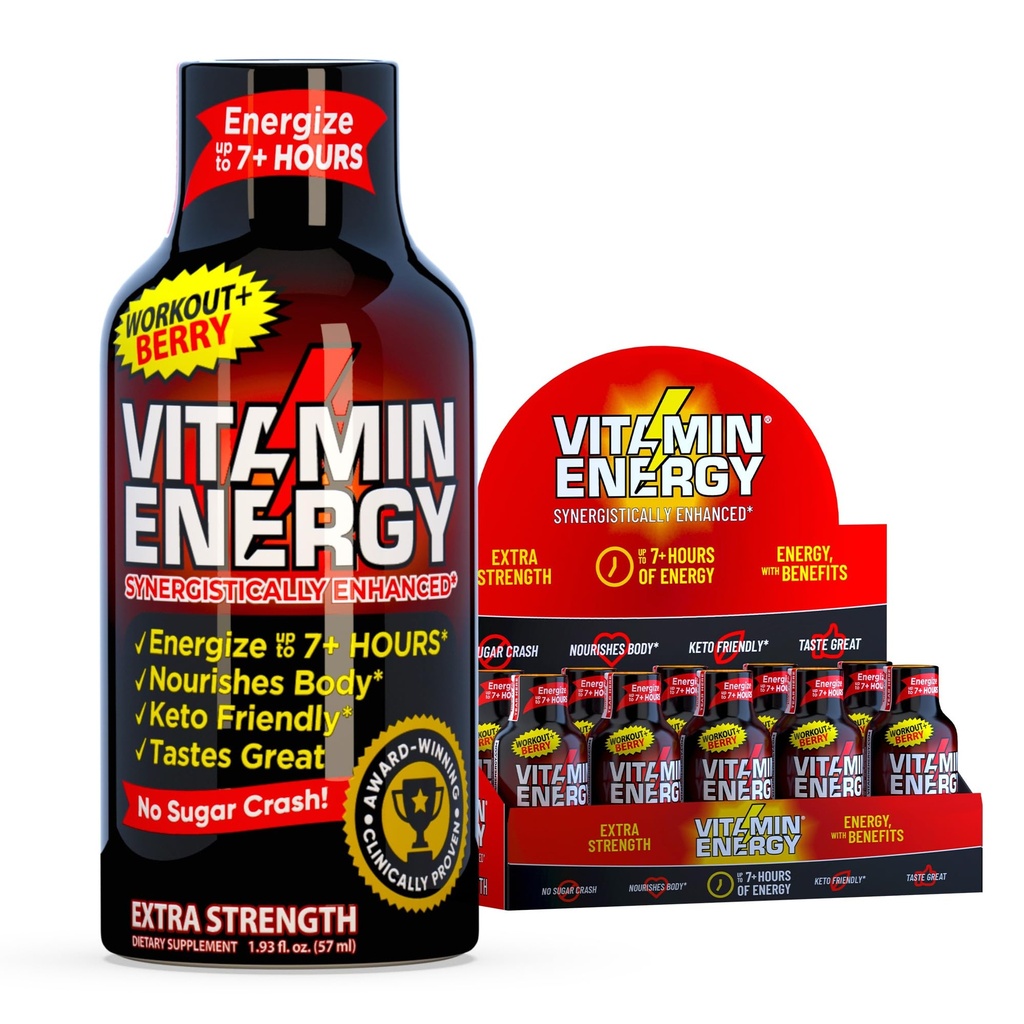 Vitamin Energy Workout+ Extra Strength Energy Shot Berry 10 Pack, 260mg Natural Caffeine, Pre-Workout, B-Vitamins, Minerals, Endurance & Performance, Zero Sugar, Gluten-Free, Vegan, 1.93 fl oz