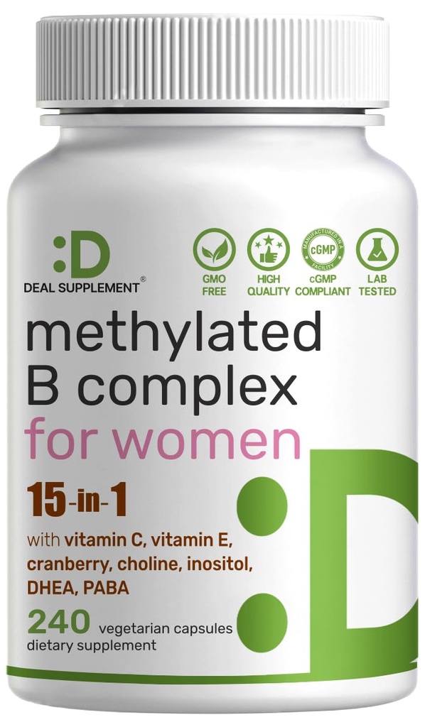 DEAL SUPPLEMENT Methylated B Complex for Women, 240 Vegetarian Capsules | 15-in-1 Bioactive Formula with Methylated & Activated B Vitamins Plus Inositol, Cranberry, Choline, PABA & DHEA | Non-GMO