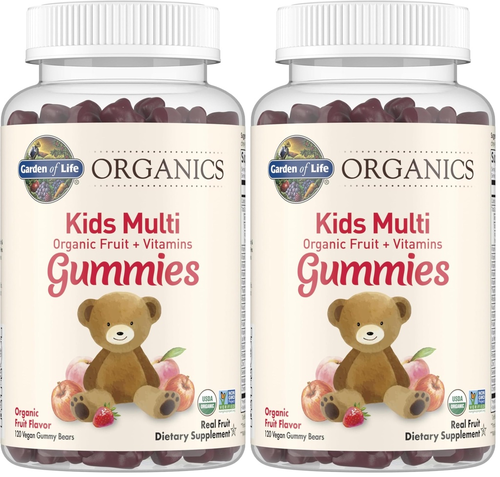 Garden of Life Organics Kids Gummy Vitamins - Fruit - Certified Organic, Non-GMO & Vegan Complete Children's Multi - B12, C & D3 - Gluten, Soy & Dairy Free, 120 Real Fruit Chew Gummies,(Pack of 2)