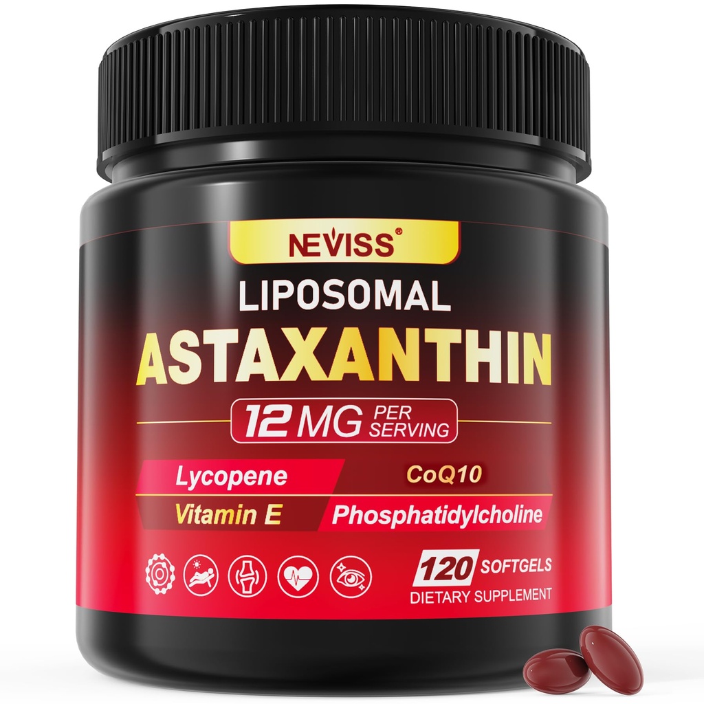Liposomal Astaxanthin Supplements 12mg w/ Lycopene, CoQ10, Lutein, Vitamin B6, E, Zinc, Coconut Oil - Fresh Microalgae Source Powerful Antioxidants for Healthy Skin, Eyes, Aging, Non GMO- 120 Softgels