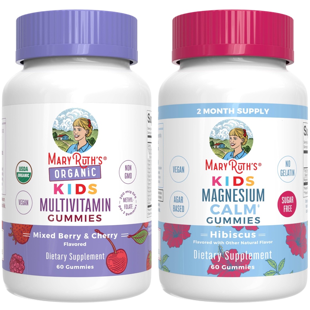 MaryRuth's Gummies for Kids–USDA Organic Multivitamin (Mixed Berry & Cherry), & Magnesium Calm (Hibiscus) 