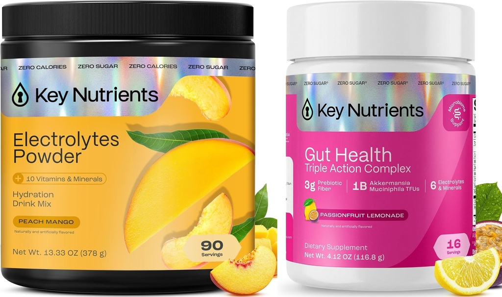 KEY NUTRIENTS Electrolytes Powder Bundle, Peach Mango 90 Servings + Gut Health Hydration Passionfruit Lemonade 16 Servings, Sugar Free Hydration Drink Mix with Vitamins, Minerals & Prebiotic Fiber