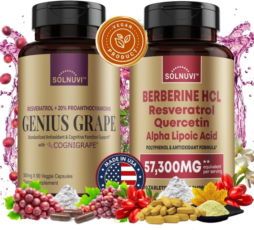 Neuro Defense Bundle: Berberine & Resveratrol Complex - κλινικά ελεγμένο Cognigrape, Quercetin, Alpha Lipoic Acid - Εγκεφαλική Υγεία & Αντιοξειδωτικό Υποστήριξη - Μη ΓΤΟ, Χωρίς γλουτένη, Συμπλήρωμα Vegan