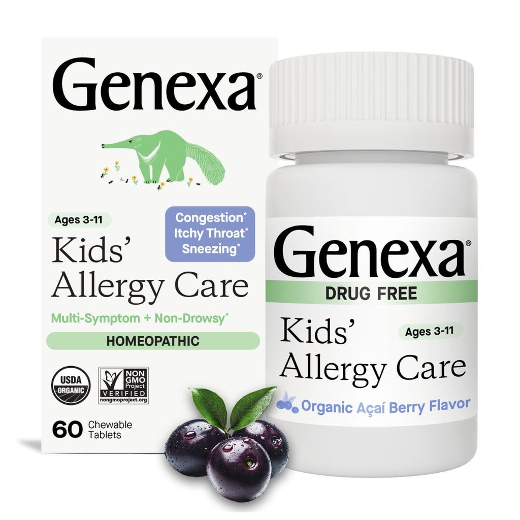 Genexa Kids Allergy Care | Drug Free, Non-Drowsy Children's Allergy & Decongestant Remedy | Vegan & Non-GMO | Homeopathic Relief Made Clean | Organic Acai Berry Flavor | 60 Chewable Tablets Ages 3-11