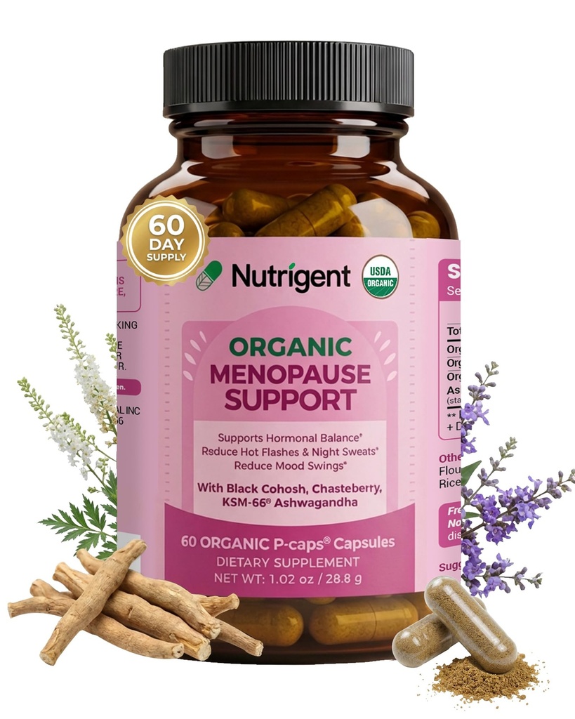 USDA Organic KSM-66 Ashwagandha, Vitex Berry & Black Cohosh, Menopause Support Supplement for Women, Natural Relief for Hot Flashes, Night Sweats & Mood Swings, Hormone-Free (60 CT)