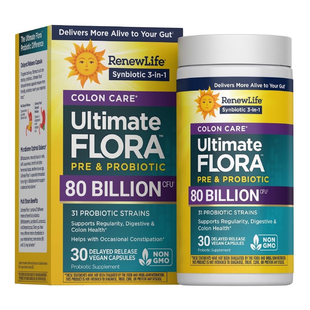 Renew Life Probiotic Colon Care Probiotic Capsals, Daily Supplement Offers Colon Support, L. Rhamnosus GG, Dairy, Soy and glute-free, 80 Billion CFU, 30 Count