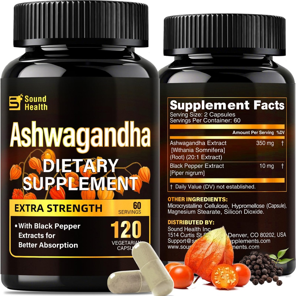SoundHealth Organic Ashwagandha Capsules Supplement - 120 Capsules (60 Servings)