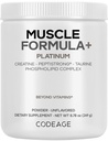 Codeage Muscle Formula+ Platinum Supplement - Creatine Monohydrate, PeptiStrong Fava Bean Protein Hydrolysate, Taurine, Vitamin D3, Liposomal Delivery - Non-GMO - Unflavored Protein Powder - 8.78 Oz