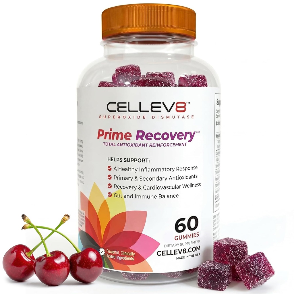 Cellev8 Prime Recovery Joint & Muscle Recovery Gummies - 60 Count - Antioxidant Cellular Health, Daily Energy, Wellness, Supplements with SOD, Tart Cherry - NSF Sport Formula, Raspberry Flavor