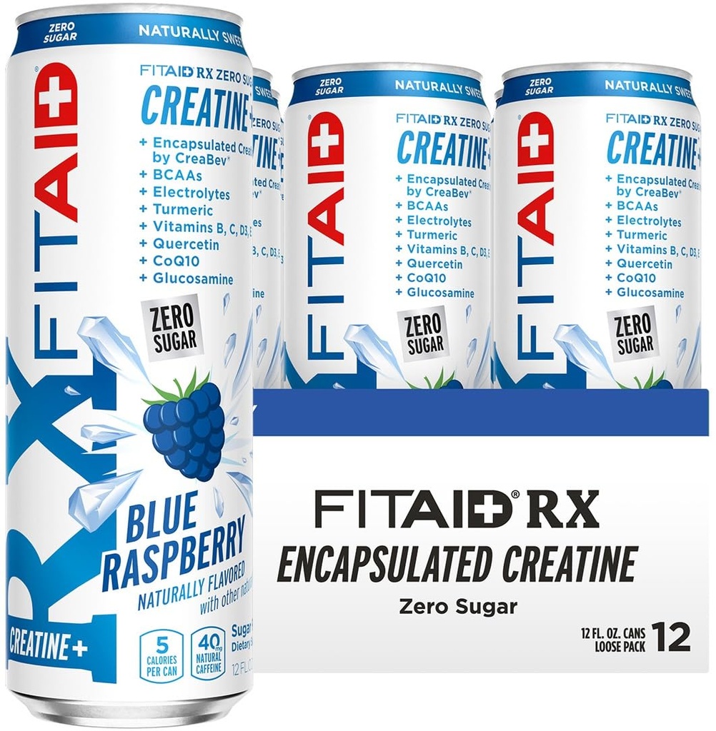 Lifeaid Fitaid Rx + Creatine Drink, Blue Raspberry, Zero Sugar, Vegan, Kosher, Keto Friendly, Gluten Free, 12 Fluid Ounce (Pack of 12) - Packaging May Vary