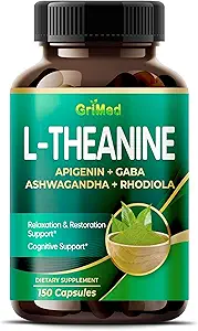 Grimed L-Theanine 11.900mg- X10 Power with Apigenin, GABA Ashwagandha, Rhodiola - Relaxation & Restauration Focus and Memory - Made in USA (150 Count (Pack of 1))
