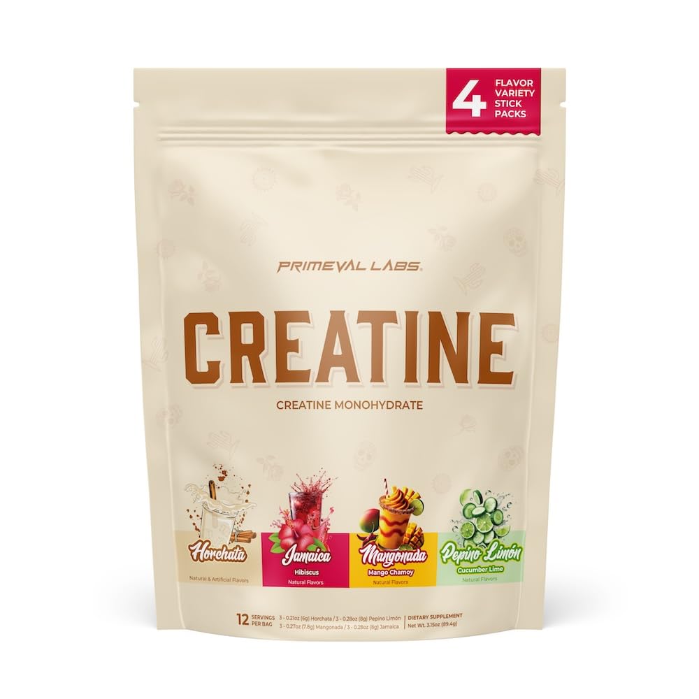 Primeval Labs Clean Creatine Monohydrate Powder | Flavored Powder for Muscle Strength & Recovery | Latin Aqua Fresca Flavors | Workout Supplement for Men & Women | 12 Servings | Variety Pack