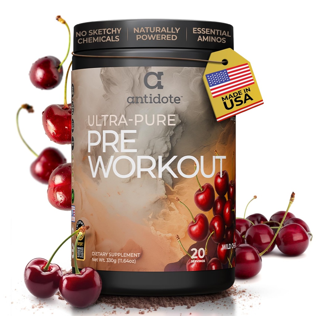 Antidote Clean Pre-Workout Powder - Natural Energy & Focus Booster with Beetroot, Creatine & Beta-Alanine - No Artificial Additives - Vegan, Keto-Friendly Supplement - Wild Cherry - 20 Servings