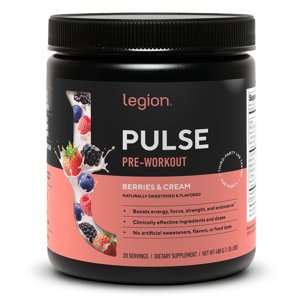 LEGION Pulse - All Natural Nitric Oxide Preworkout Drink to Boost Energy, Creatine Free, Naturally Sweetened, Beta Alanine, Citrulline, Alpha GPC (Berries and Cream)