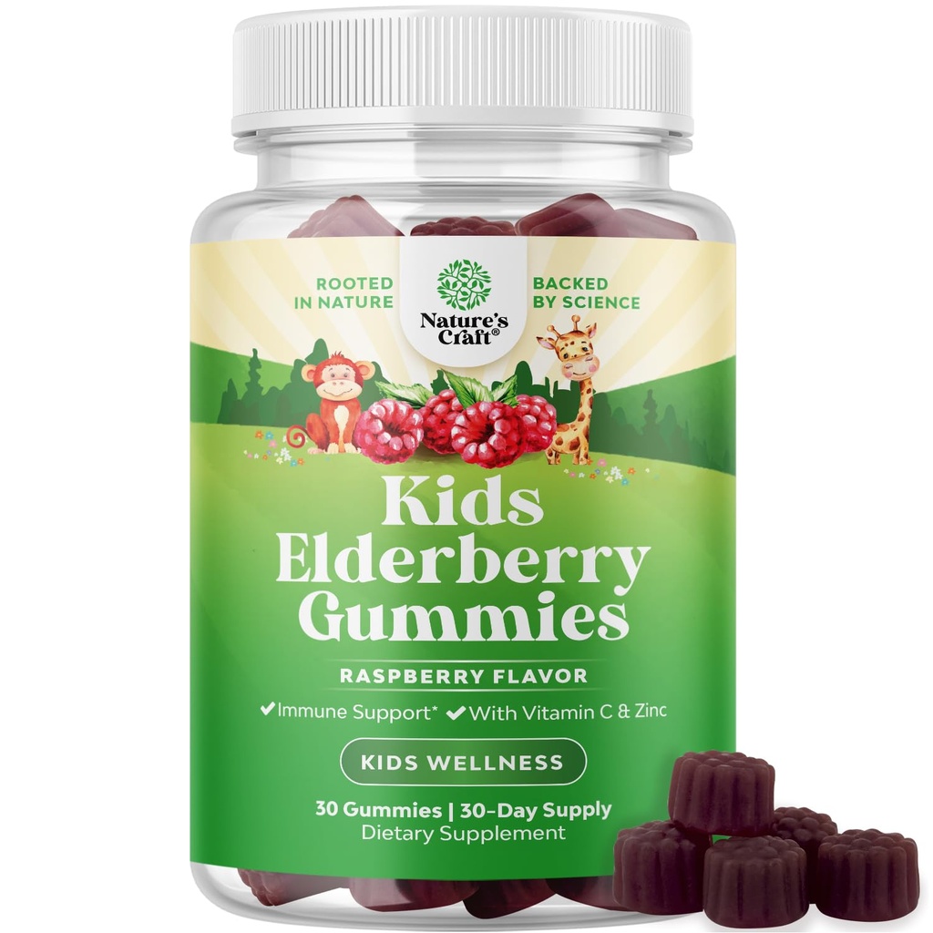 Kids Elderberry Gummies with Zinc and Vitamin C - Delicious Sambucus Black Elderberry Gummies for Kids Immune Support - Daily Immunity Support Vegan Non-GMO Gluten and Gelatin Free - 30 Count