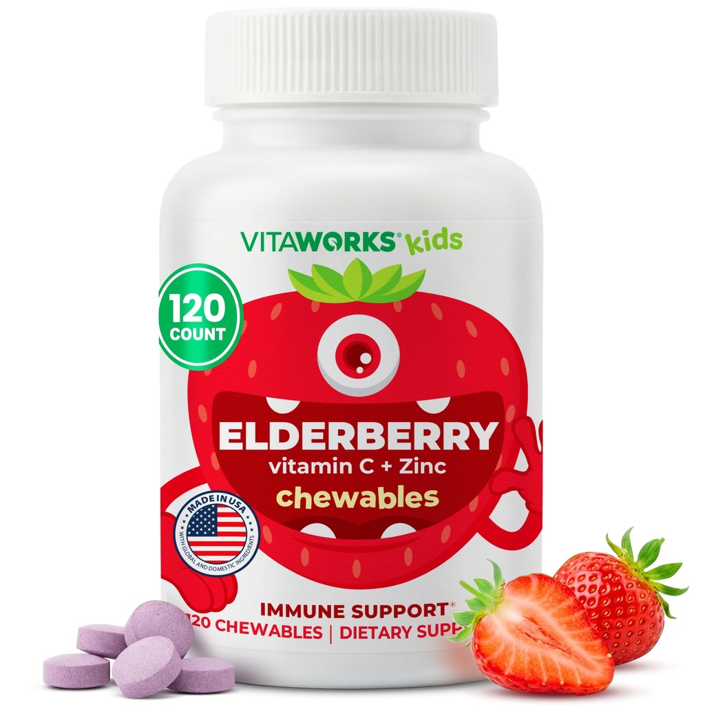 Kids Elderberry Vitamin C and Zinc - Great Tasting Strawberry Flavor Sambucus Elderberry Immune Support for Kids - Made in USA, Vegan, Kosher, Non-GMO - 120 Black Elderberry Chewables