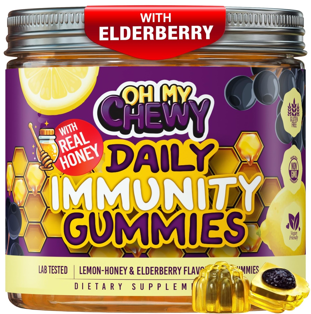 OH MY CHEWY Elderberry Gummies Immunity Support - Real Honey and Lemon Immune Supplement for Kids & Teens with Vitamin C, Echinacea, and Zinc - 60 CT